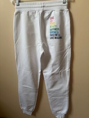Love Moschino White Joggers with Vertical Rainbow Text